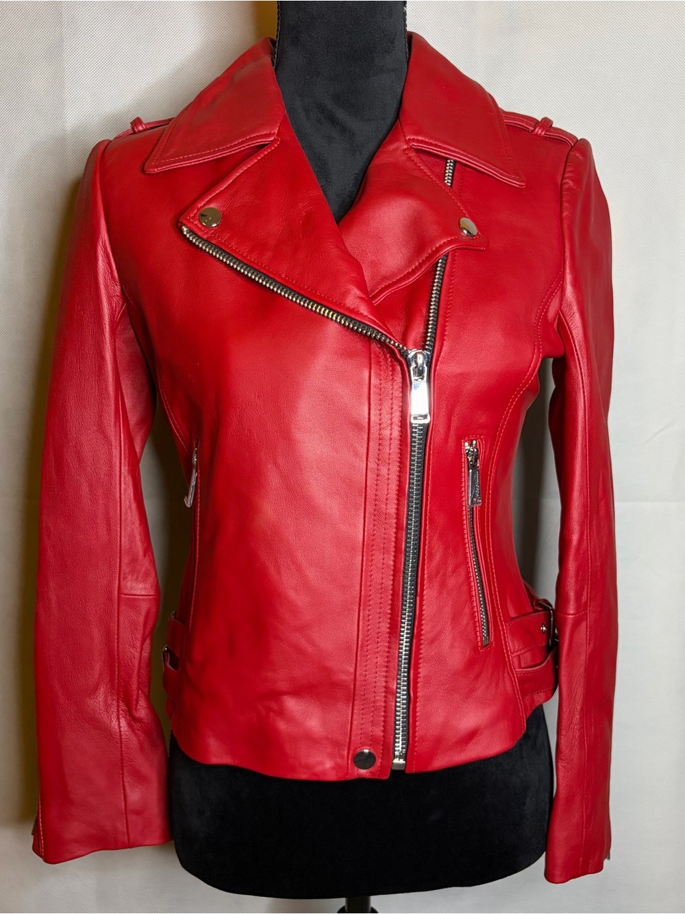 BCBGeneration Red Leather Asymmetrical Moto Jacket